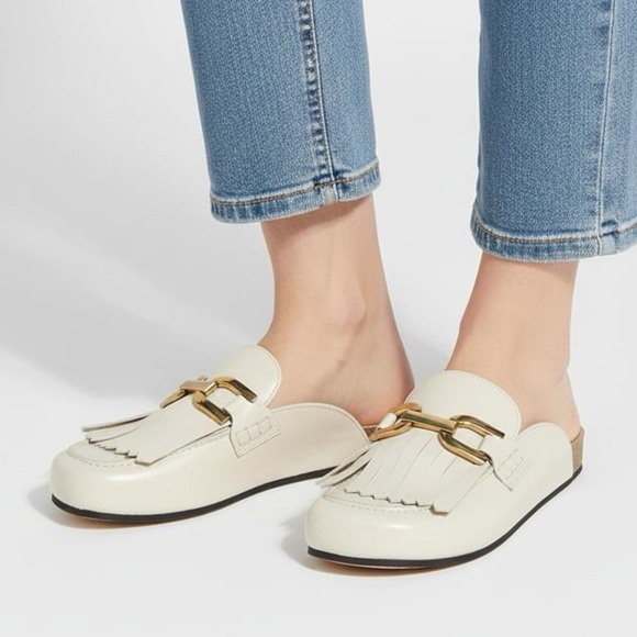 Zara Shoes - Zara Womens Beige Cream leather mules sandals with tassels & gold chain Sz 38